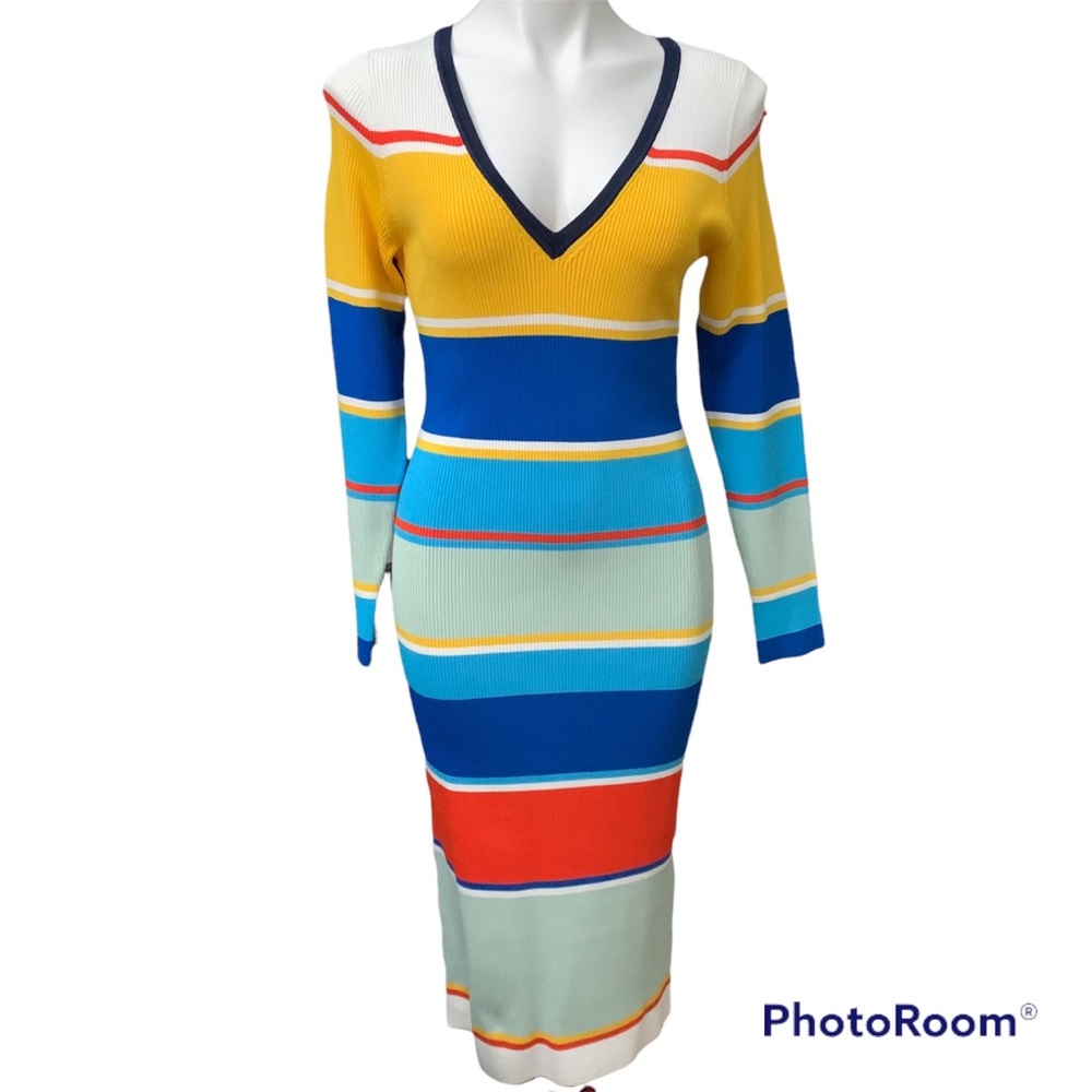 NWT J. Crew Blue Yellow Stripe Ribbed Sweater Dress Sweaterdress - Size Small - Picture 3 of 11